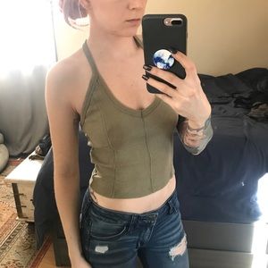 Army green cropped ribbed tank